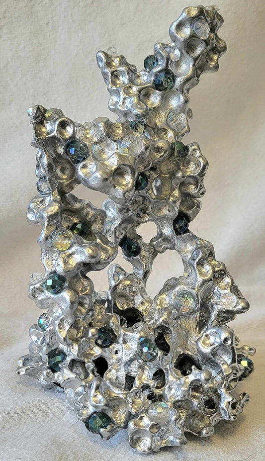 Unique Aluminum Sculpture - Aluminum Casting with Green & Clear Crystal - Coral - Orbeez Art