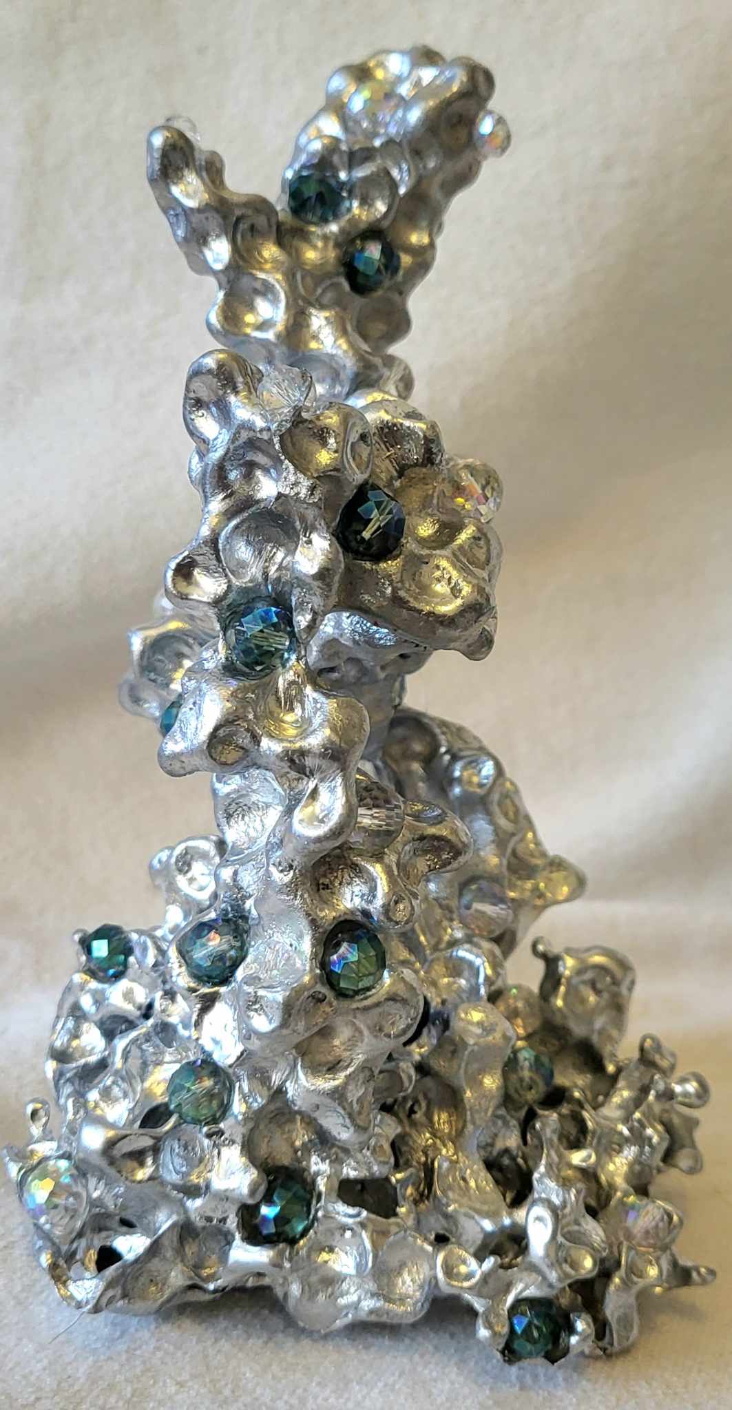 Unique Aluminum Sculpture - Aluminum Casting with Green & Clear Crystal - Coral - Orbeez Art