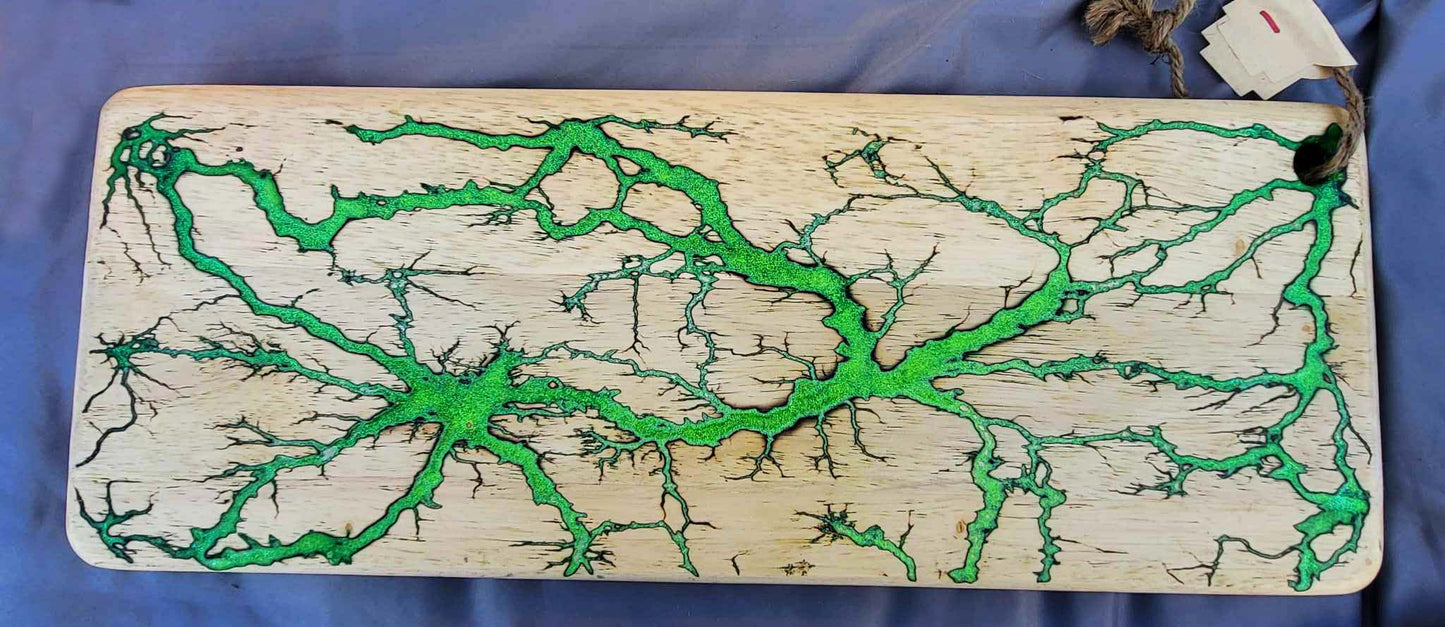 1# 20"x8" Reversible Serving / Charcuterie / Bread / Cutting Board- Neon Green & Emerald Green - Fractal Burned - Food Safe