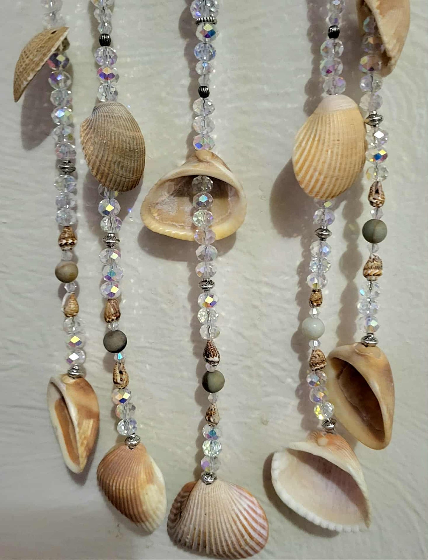 Natural Seashell, Crystal Suncatcher, Shell Suncatcher, Coastal and Beach Suncatcher - Windchimes - Rainbow Jasper & Amazonite Stones